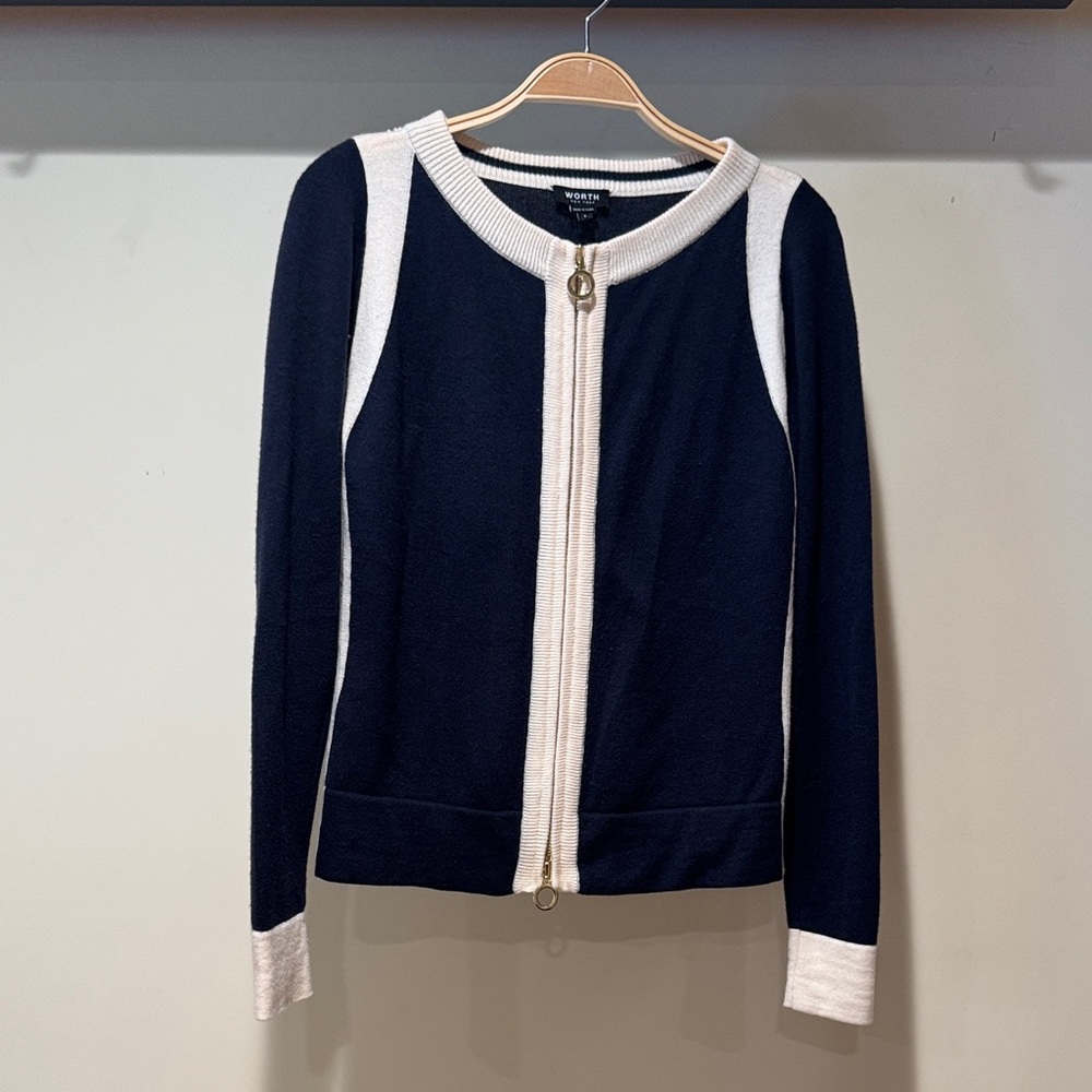 Worth New York Navy and Cream Knit Sweater